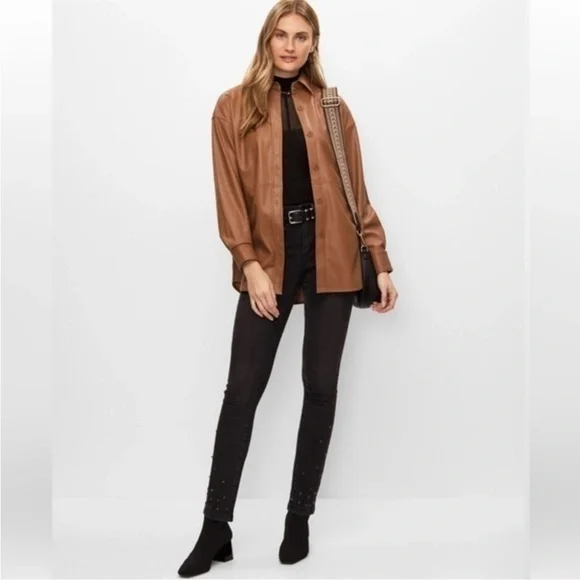 New Joseph Ribkoff | Tan Beige Button Down Vegan Leather Faux Leather Overshirt - Picture 1 of 9
